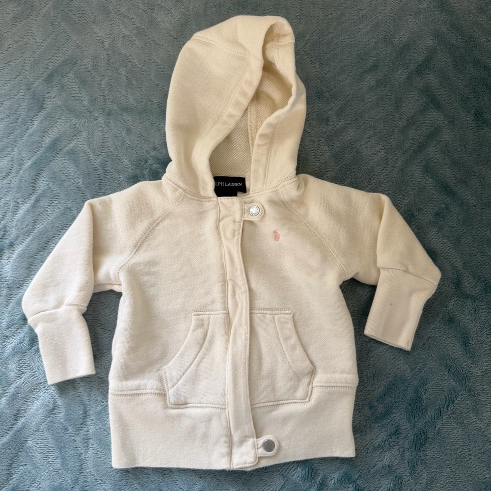 Ralph Lauren Baby Cream Cotton Hoodie Jacket 12M Pink Pony Logo Preppy Soft Cozy - Picture 3 of 10